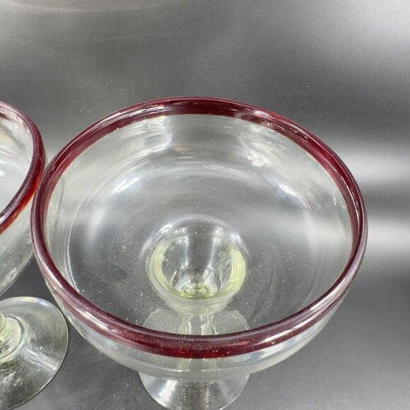 Hand Blown Clear Margarita Drinking Glasses Set 2 With Red Edges Hand Made Glass - Picture 3 of 11